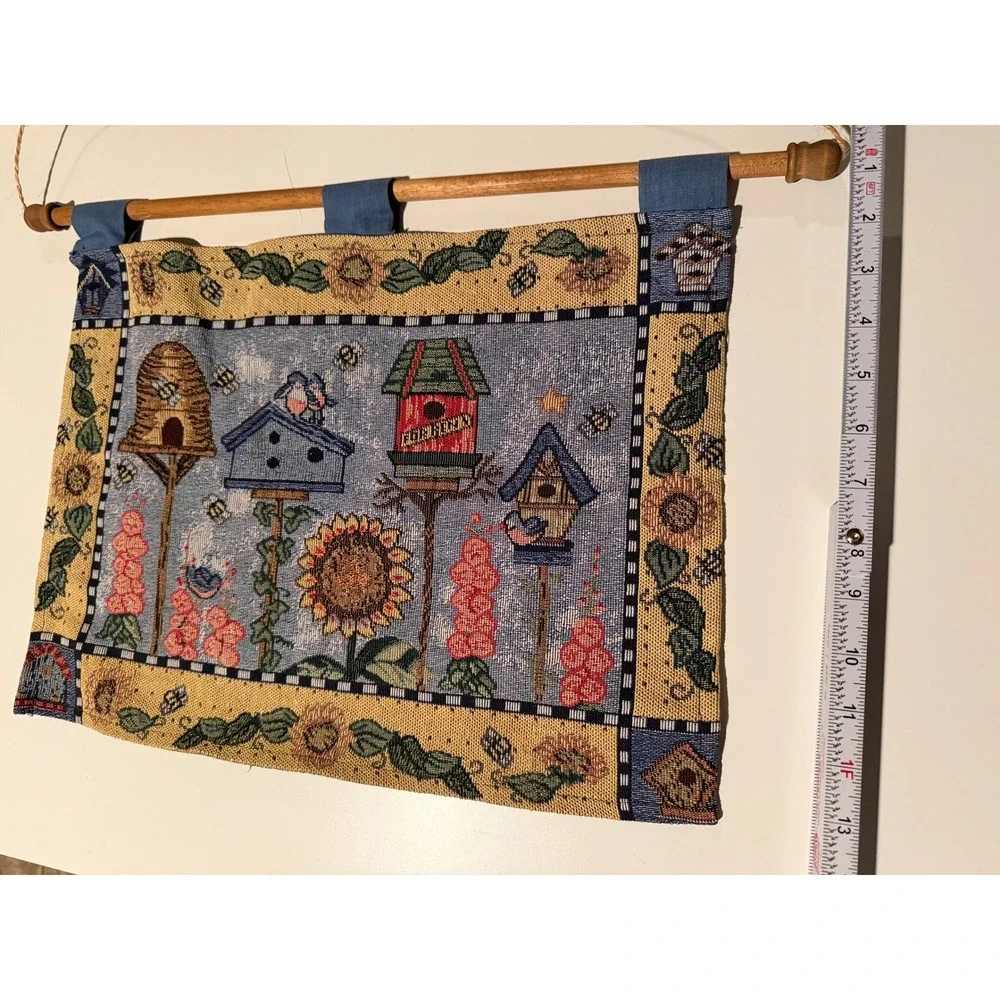 Vintage Style Woven Tapestry Wall Hanging Birdhouse Sunflower Garden Decor 18x13